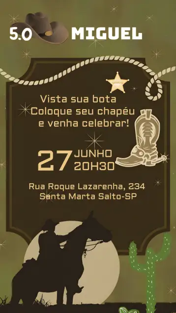 Convite Country Cowboy Rodeo para birthday with rodeo and country theme. – tema birthday (rustic, country, wooden, brown, cowboy, horse)
