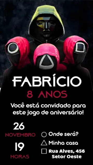 Convite Round 6 para aniversário com tema de jogo de sobrevivência. – tema aniversário (moderno, vibrante, temático, jogos, colorido)
