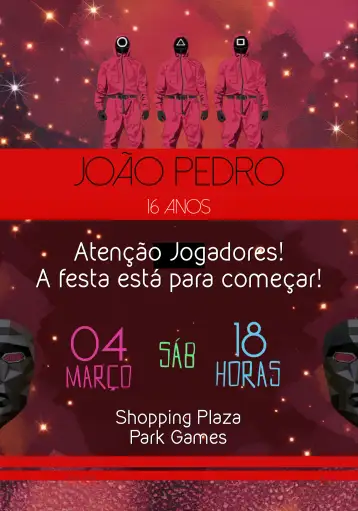 Convite Round 6 Fiesta para cumpleaños infantil con temática de juegos. – tema cumpleaños infantil (temática de juegos, colores vibrantes, elementos gráficos divertidos, estilo moderno, diseño interactivo, inspirado en series)