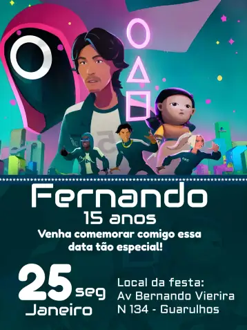 Convite Round 6 Netflix para aniversário temático inspirado em squid game. – tema mais pesquisados (moderno, vibrante, temático, gráfico, divertido)