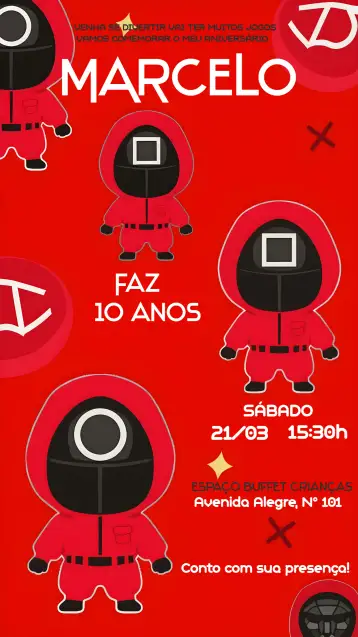 Convite Round 6 Squid Game Neflix para aniversário temático inspirado em squid game. – tema mais pesquisados (moderno, animado, temático, colorido, divertido, minimalista)