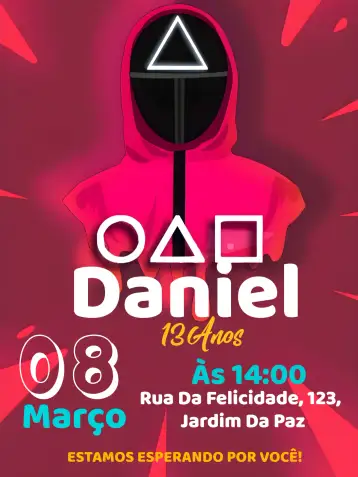 Convite Round 6 Squid Game Netflix para aniversário com tema de squid game. – tema mais pesquisados (moderno, colorido, divertido, temático, jovial, inspirado na série)