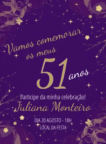 Convite Púrpura Y Dorado Estrellas 50 para cumpleaños de 50 años – tema cumpleaños (púrpura, dorado, estrellas, elegante, moderno)