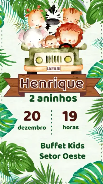 Convite Safari para kids’ birthday party with a safari theme. – tema kids' birthday party (safari, animals, vibrant colors, playful style, fun illustrations, children's theme)