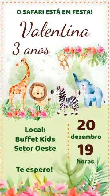 Convite Safari Acuarela para cumpleaños infantil con temática de safari. – tema cumpleaños infantil (acuarela, animales, colores vibrantes, estilo divertido, tema safari, infantil)