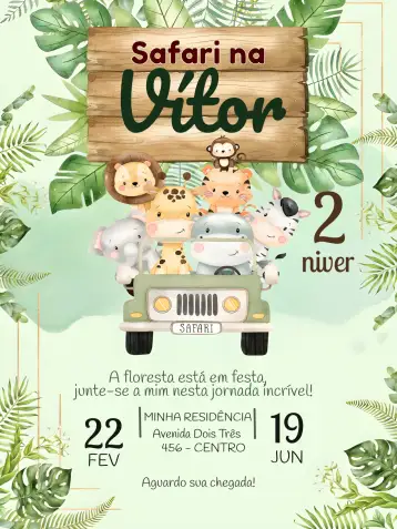 Convite Safari Leaf para children's birthday with safari theme. – tema most searched for (safari, nature, children's, fun-filled, colorful)