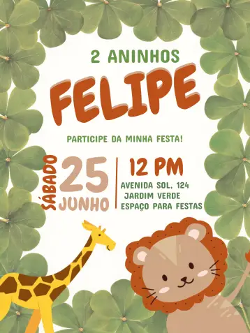 Convite Safari Infantil para aniversário infantil – tema cumpleaños infantil (colorido, divertido, salvaje, ilustraciones de animales, tropical, vibrante)
