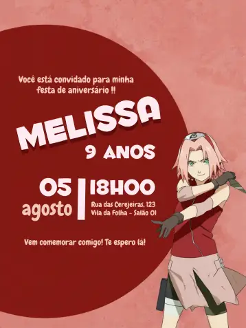 Convite Sakura para aniversário infantil – tema aniversário infantil (flores de cerejeira, cores suaves, estilo anime, design lúdico, elementos gráficos divertidos, toque delicado)
