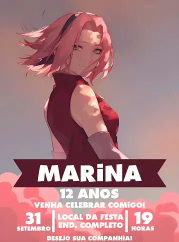 Convite Sakura Naruto Branco para aniversário infantil – tema aniversário infantil (ninja, anime, temática rosa, infantil, moderno)