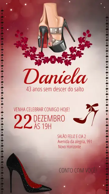 Convite High Heel Shoe para elegant and sophisticated birthday. – tema birthday (modern, elegant, glamorous, red and black, fashionable, chic)