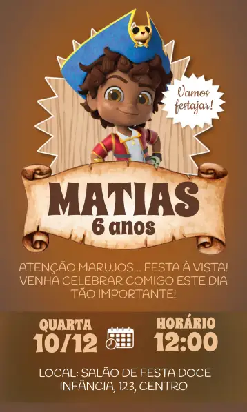 Convite Santiago Dos Mares Marrom para aniversário infantil de menino. – tema fechas conmemorativas (marrón, náutico, aventura, infantil, lúdico)