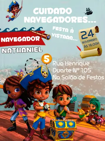 Convite Santiago Dos Mares Navio para cumpleaños infantil y fiestas temáticas sobre el mar. – tema fechas conmemorativas (temático marítimo, temático infantil, temático colorido, temático divertido, temático de navegação, temático aventureiro)