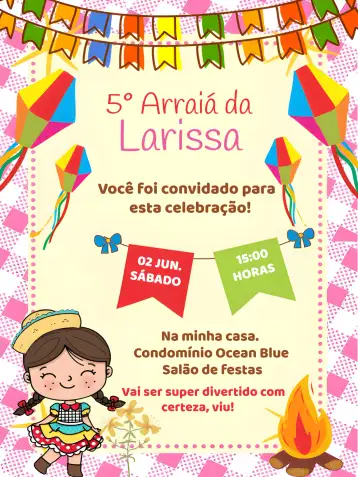 Convite São João Arraiá Menina editável e personalizável