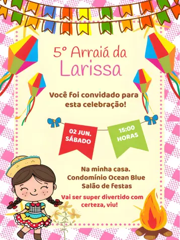 Convite São João Arraiá Menina para festa junina ou arraiá infantil. – tema datas comemorativas (colorido, junino, infantil, divertido, moderno)