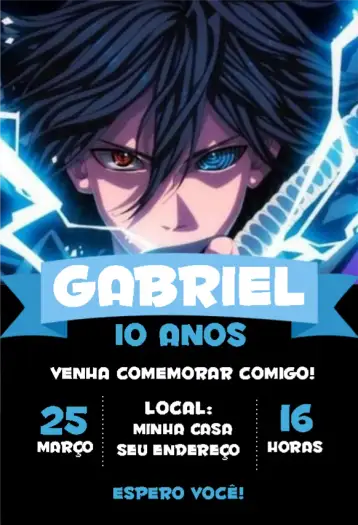 Convite Sasuke 2 para aniversário infantil com tema naruto. – tema aniversário infantil (ninja, colorido, moderno, divertido, anime, jovial)