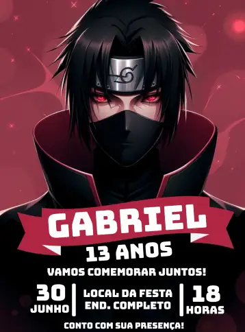 Convite Sasuke Uchiha Akatsuki para cumpleaños infantil con temática de naruto y ninjas. – tema cumpleaños infantil (ninja, anime, vibrante, moderno, aventura, fantasía)