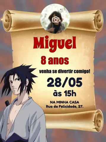 Convite Sasuke Uchiha Com Foto Ninja editável e personalizável