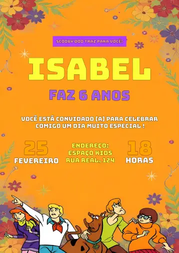 Convite Scooby Doo Fred para aniversário infantil com tema scooby doo. – tema aniversário infantil (colorido, divertido, infantil, ilustrações animadas, temático, vibrante)