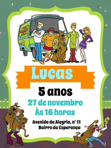 Convite Scooby Doo Laranja para aniversário infantil com tema scooby doo. – tema mais pesquisados (divertido, colorido, temático, infantil, animado)