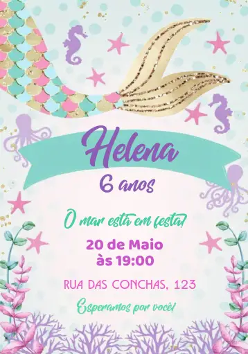 Convite Sirena para cumpleaños infantil o fiesta temática de sirenas. – tema más buscados (místico, marino, colorido, fantasía, tropical, lúdico)