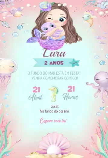 Convite Sirena Acuarela Fondo para cumpleaños infantil con temática de sirenas. – tema más buscados (acuarela, marino, delicado, colorido, infantil, divertido)