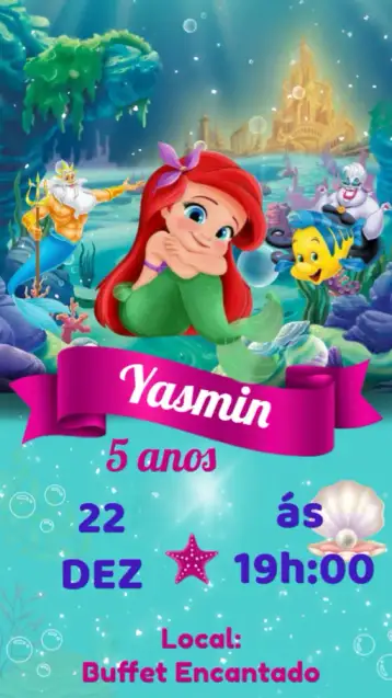 Convite Sereia Ariel Baby para aniversário infantil com tema de sereia. – tema aniversário infantil (fundo do mar, cores vibrantes, elementos marinhos, estilo lúdico, gráficos divertidos, design encantador)