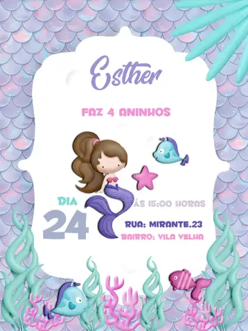 Convite Blue Mermaid para mermaid-themed children's birthday. – tema birthday (mermaid theme, blue and purple colors, sea elements, playful illustrations, fun style, digital design)