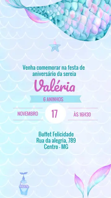 Convite Mermaid Purple Sea Background para kids birthday – tema kids' birthday party (navy blue, costume, colorful, playful, modern)