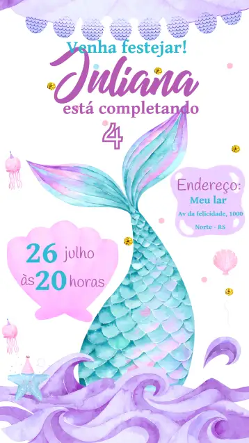 Convite Sirena Fondo Del Mar Infantil para cumpleaños infantil – tema cumpleaños infantil (fondo marino, sirena, lila, colorido, infantil, divertido)