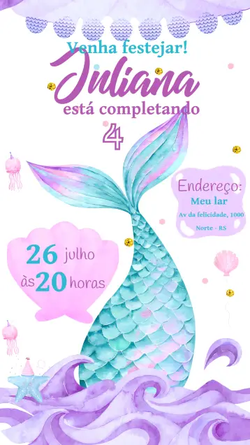 Invitación Sirena Fondo Del Mar Infantil editable y personalizable