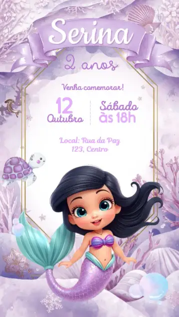 Convite Sereia lilás fundo aquarela para aniversário infantil com tema de sereia. – tema aniversário infantil (aquarela, lilás, fantasia, marinho, infantil, mágico)