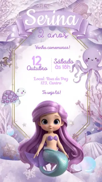 Convite Sereia Lilás fundo Aquarela para aniversário infantil – tema aniversário infantil (aquarela, fundo do mar, lilás, feminino, temática marinha, elementos gráficos de sereia)