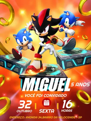Convite Shadow And Sonic Drawing para children's birthday party with sonic and shadow theme. – tema kids' birthday party (modern, colorful, games, childish, themed, dynamic)