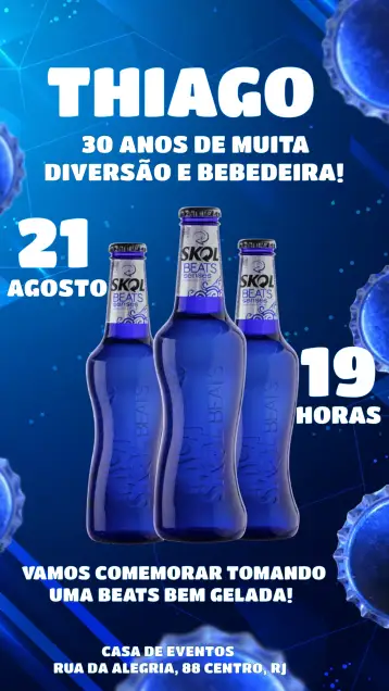 Convite Skol Beats Bar para adults' birthday who love a good party. – tema birthday (modern, vibrant, blue, laid-back, pub-style, festive)