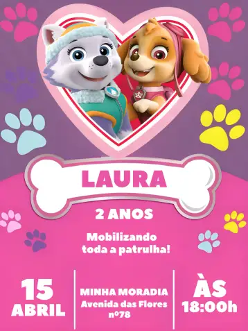 Convite Skye E Everest Menina Rosa Canina para aniversário infantil com tema da patrulha canina. – tema mais pesquisados (rosa, divertido, infantil, colorido, lúdico)
