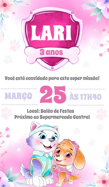 Convite Skye Y Everest Patrulla Canina Flor para cumpleaños infantil. – tema más buscados (floral, colorido, divertido, infantil, temático)