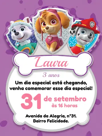 Convite Skye Paw Patrol Dog para children's birthday – tema kids' birthday party (pink, fun, childish, themed, colorful, lively)