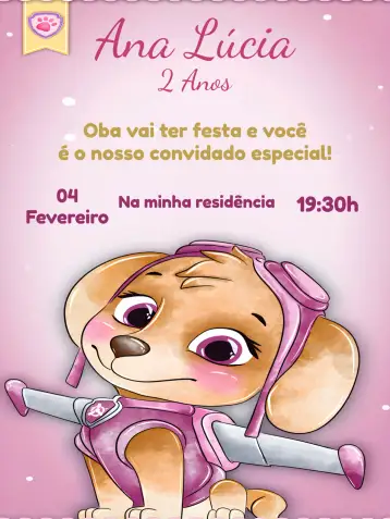 Convite Skye Pink Paw Patrol para children's birthday with paw patrol theme. – tema kids' birthday party (pink, fun, childish, colorful, playful)