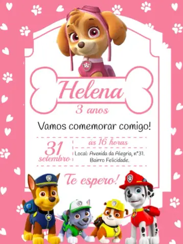 Convite Skye Patrulha Canina editável e personalizável
