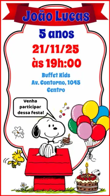 Convite Snoopy para aniversário infantil – tema aniversário infantil (colorido, divertido, infantil, ilustrações do Snoopy, temática de cartoon, estilo alegre)