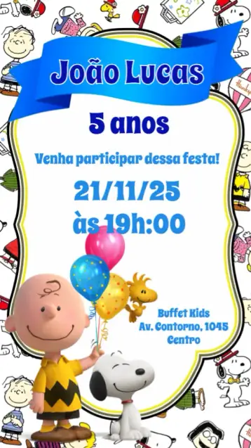 Convite Snoopy para aniversário infantil – tema aniversário infantil (colorido, divertido, infantil, ilustrações do Snoopy, temática de desenho animado, alegre)