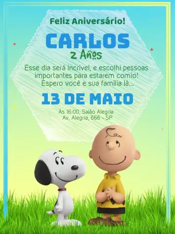 Convite Snoopy y la Pandilla de Charlie Brown para aniversario infantil – tema cumpleaños infantil (divertido, lúdico, colorido, temático, infantil, moderno)