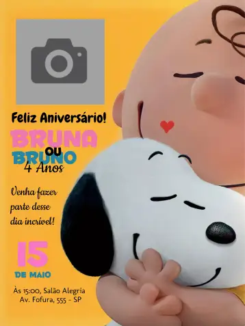 Convite Snoopy y la Pandilla de Charlie Brown con Foto Blanco para cumpleaños infantil – tema cumpleaños infantil (divertido, colorido, infantil, moderno, lúdico, temático)