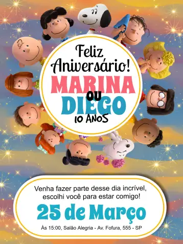 Convite Snoopy y La Pandilla de Charlie Brown Peanuts para cumpleaños infantil. – tema cumpleaños infantil (colorido, divertido, animado, infantil, lúdico)