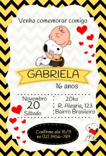 Convite Snoopy e Charlie Brown editável e personalizável