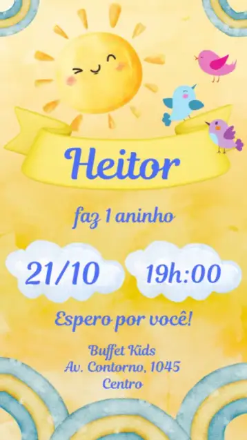 Convite Solzinho para aniversário infantil – tema aniversário infantil (colorido, divertido, ilustrações de sol, elementos lúdicos, temática infantil, estilo alegre)