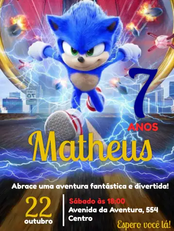 Convite Sonic para cumpleaños infantil – tema más buscados (divertido, colorido, moderno, temático, jovial)