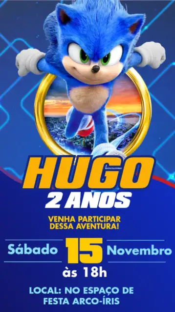 Convite Sonic para aniversário infantil com tema do sonic. – tema aniversário infantil (azul, amarelo, moderno, divertido, jogos, colorido)