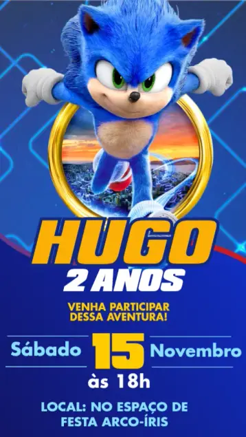 Convite Sonic editável e personalizável