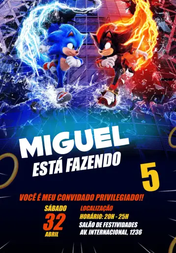 Convite Sonic 3 Movie para children's birthday party with sonic theme. – tema kids' birthday party (modern, colorful, themed, fun, childlike)